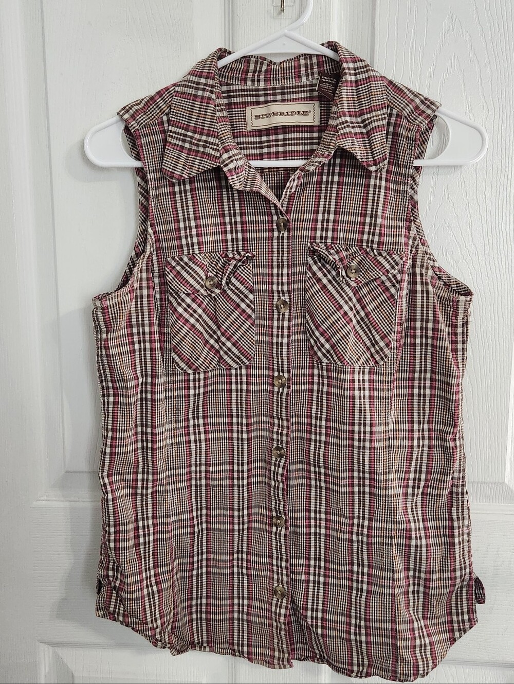 Bit & Bridle sleeveless plaid button up top countrycore western hoedown LG rodeo